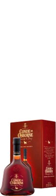 Eine elegante Flasche Conde de Osborne Brandy steht vor einer stilvollen Verpackung in tiefroter Farbe.