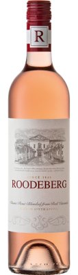 Eine Flasche Roodeberg Roséwein mit einem eleganten Etikett und einer stilvollen Kapsel, die den Wein präsentiert.