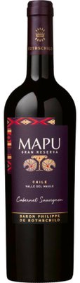 Eine elegante Flasche Mapu Gran Reserva Cabernet Sauvignon aus Chile, verziert mit bunten, traditionellen Mustern.
