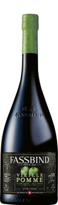 Die Flasche zeigt ein kunstvolles Design mit grünen Äpfeln und dem Namen 'Fassbind', was auf einen hochwertigen Apfelbrand hinweist.