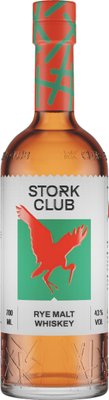 Eine Flasche Stork Club Rye Malt Whiskey mit einem auffälligen roten und grünen Etikett, das einen stilisierten Storch zeigt.