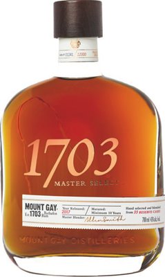 Eine elegante Flasche Rum mit der Aufschrift '1703 Master Select' und einem dunklen Holzverschluss, die reichhaltige Aromen verspricht.