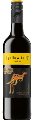 Eine Flasche Shiraz-Wein mit einem auffälligen gelben Etikett und einem stilisierten Känguru-Design auf dem schwarzen Hintergrund.