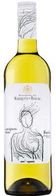Eine Flasche Sauvignon Blanc mit einem künstlerischen Etikett, das eine stilisierte menschliche Figur und Pflanzen zeigt.