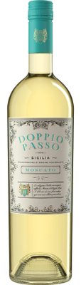 Eine elegante Flasche Moscato mit einem hellblauen Verschluss und kunstvollem Etikett, das die Herkunft aus Sizilien betont.