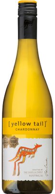 Die Flasche [yellow tail] Chardonnay zeigt ein kreatives Känguru-Motiv und ist von einem glänzenden, gelben Etikett umgeben.