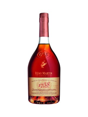 Eine elegante Flasche Rémy Martin Cognac mit einem tiefen, bernsteinfarbenen Inhalt und einem stilvollen, roten Korken.