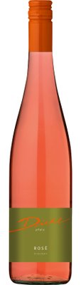 Eine Flasche trockener Roséwein mit einem eleganten, schlichten Etikett in sanften Farben, ideal für gesellige Anlässe.
