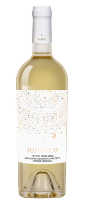 Eine Flasche Lunatico Pinot Grigio mit einem eleganten, künstlerischen Etikett, das Sterne und Mondphasen zeigt.