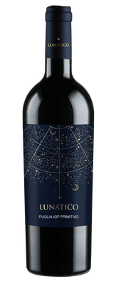 Eine elegante Weinflasche mit dem Namen 'LUNATICO', verziert mit einem nächtlichen Sternenhimmel-Design in Blau und Gold.