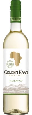 Südafrikanischer Golden Kaan Chardonnay in einer transparenten Flasche, die die goldene Flüssigkeit und den grünen Deckel präsentiert.