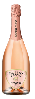 Eine Flasche Doppio Passo Prosecco Rosé DOC mit einem eleganten, rosafarbenen Etikett und einer stilvollen Kapsel.