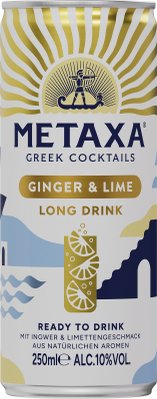 Eine Dose Metaxa-Ginger-Lime-Longdrink mit frischen Limetten und Ingwer, umgeben von einem maritimen Design.