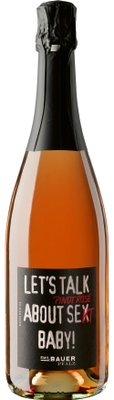 Die Flasche zeigt einen eleganten, roséfarbenen Sekt mit einem schwarzen, künstlerischen Etikett von Emil Bauer.
