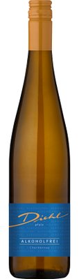 Eine elegante Flasche alkoholfreier Chardonnay mit einem goldenen Korken und einem blauen Etikett, das den Namen Diehl zeigt.